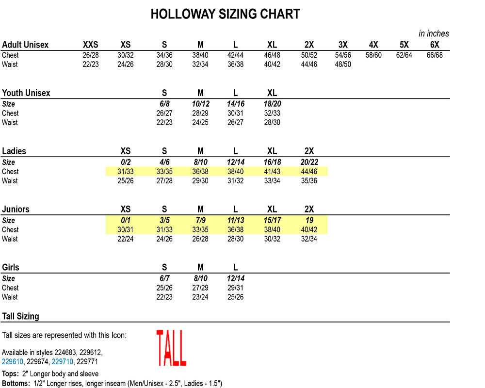Holloway Clothing Size Chart