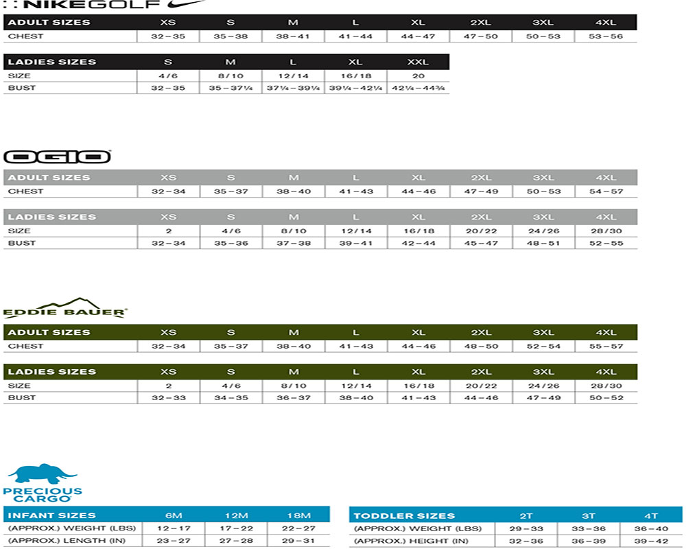 nike uniform size chart